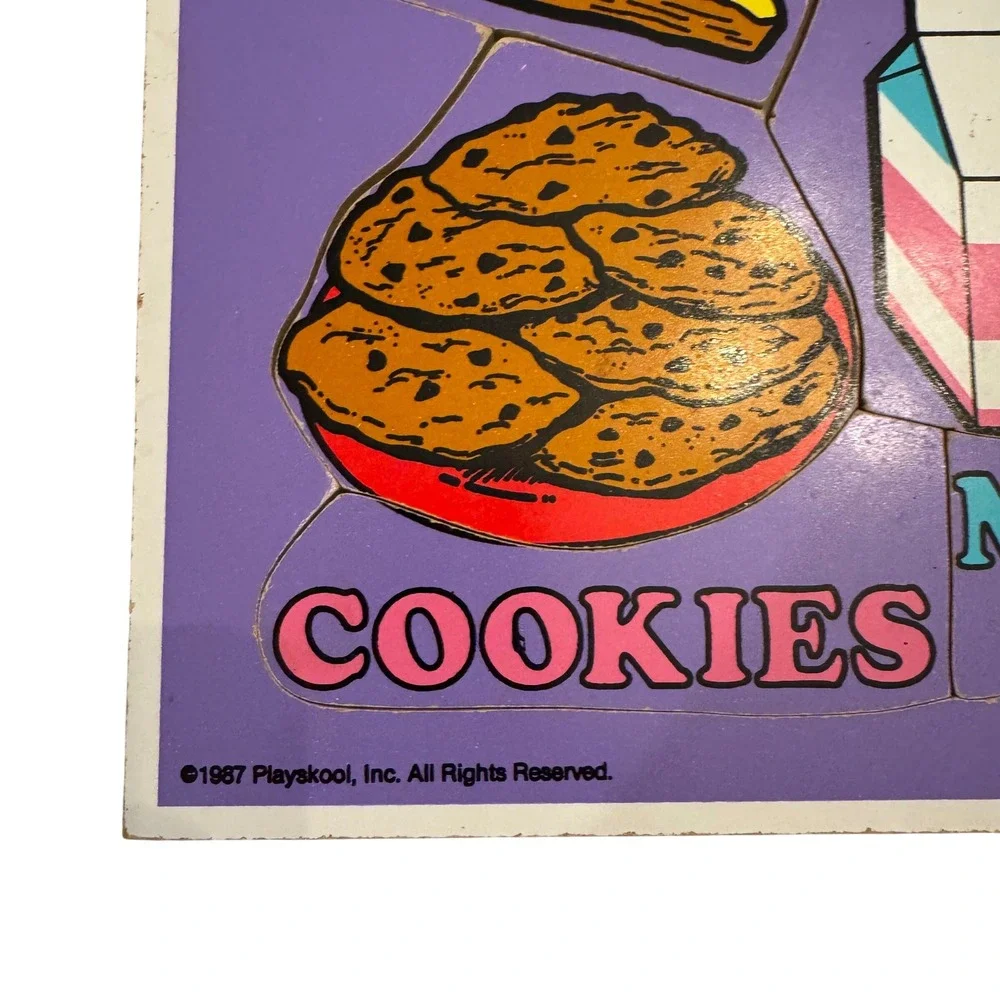 Playskool 1987 Super Snacks Pizza Hotdog Cookies Milk Wooden Puzzle 8‎ Pieces